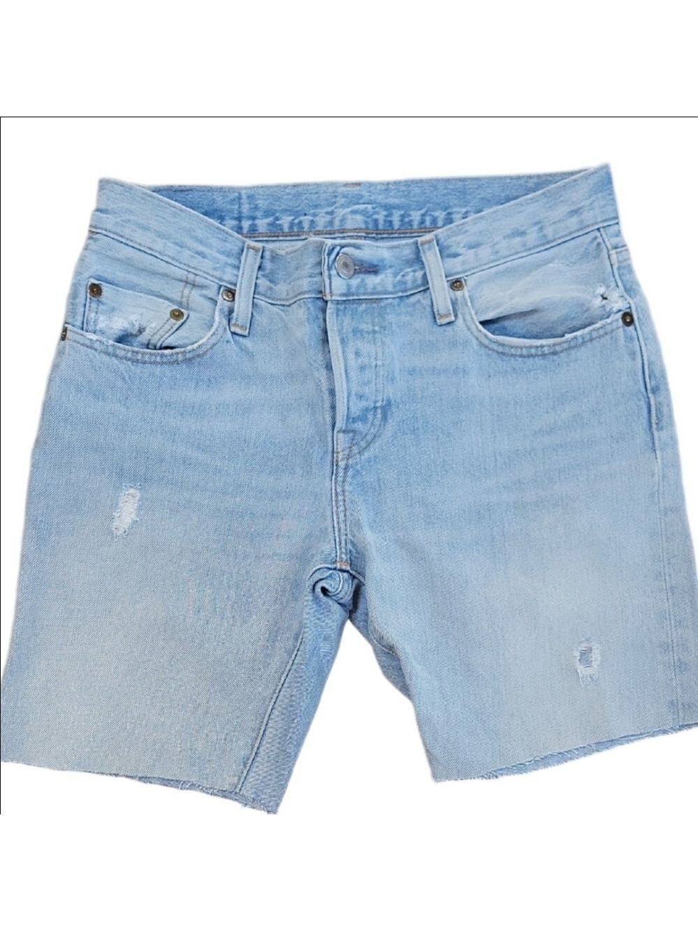 Levis Unisex Light Blue Distressed Denim Buttonfly Cut Off Shorts Size 25 Waist